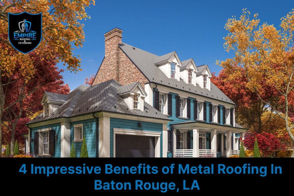 Charming house with metal roofing in autumn landscape setting.