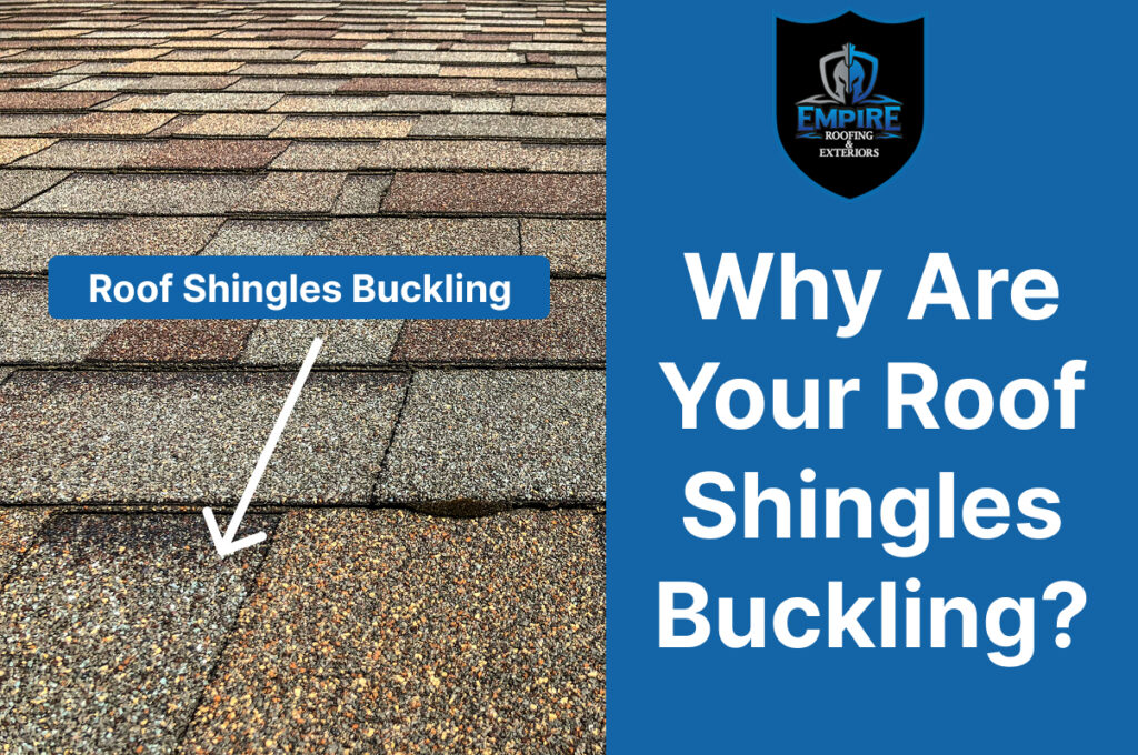 Roof shingles showing signs of buckling with informative text overlay.
