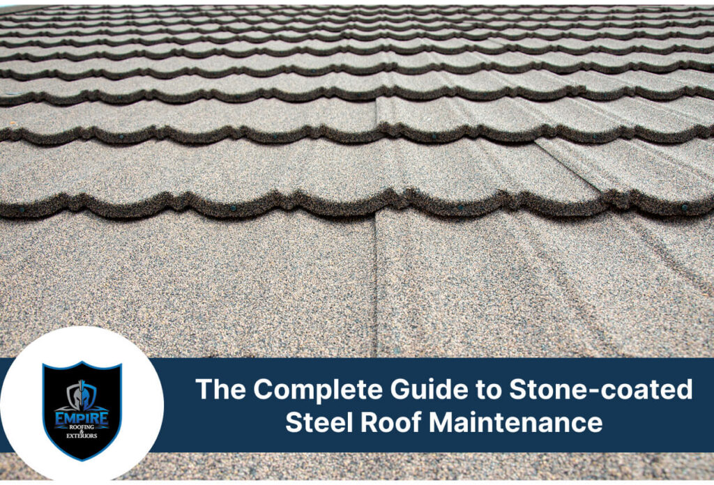 Close-up of stone-coated steel roof tiles showing texture and pattern.