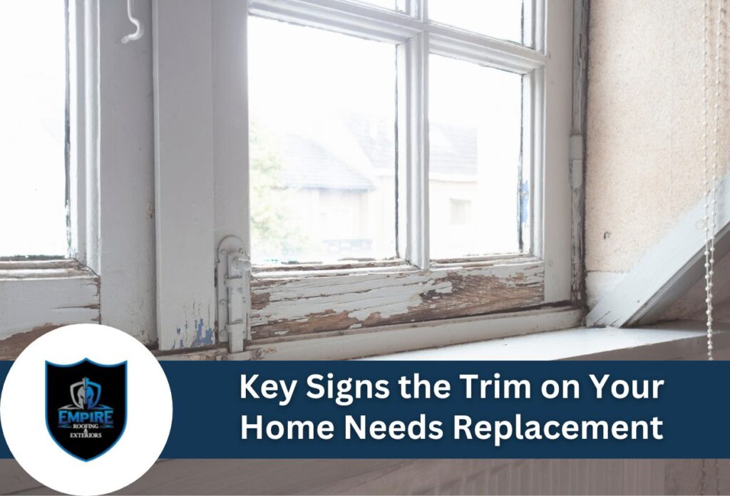 Weathered white window trim with peeling paint showing signs of deterioration