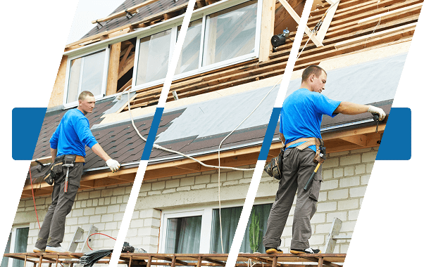 Construction workers installing new roofing on a residential home.